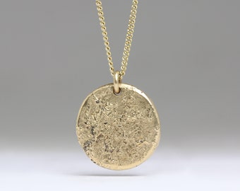 Disc Necklace in 9ct Gold, Cast in Beach Sand, Minimal Textured, Personalised Pendant, Layering Charm, Gift for Her or Him, Customisable