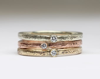 Sandcast Diamond Sacking Rings in 9ct White, Rose and Yellow Golds - Dainty Bezel Set Ethical Diamonds - Cast in Beach Sand
