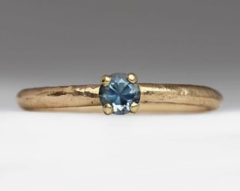 Ethically Sourced Montana Sapphire Engagement Ring in Sandcast 9ct Yellow Gold