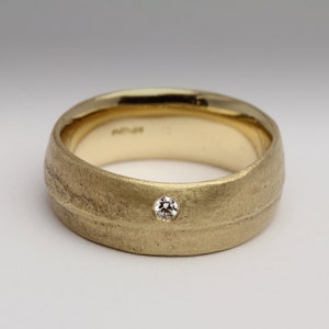 Sandcast 9ct Yellow Gold Diamond Ring, Organic Wedding Band, Unique Mens Engagement Ring, 8mm Ring Flush Diamond, Ethical Traced Diamond image 2