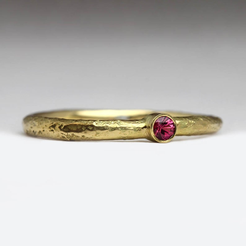 18K Gold and Ruby Ring, Solid 18ct Gold Ruby Stacking Ring, Unique Valentines Gift for Her, Inspirational Rustic Sandcast Ring image 2