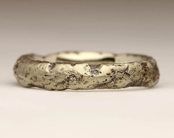 9ct White Gold Cast in Beach Sand, Cornish Jewellery, Justin Duance Rugged 5mm Ring, Unusual Wedding Band, Unique Bespoke Travellers Ring
