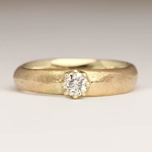 Unique Engagement Ring, 9ct Yellow Gold Diamond in Crown Setting, Medieval Chunky Ring