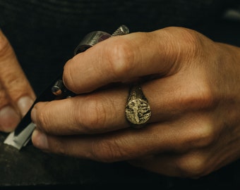 Solid Gold Signet Ring Cast in Beach Sand - Rugged Textured Ring - Handmade & Personalised - Cork Gift Box - Ethical Jewellery