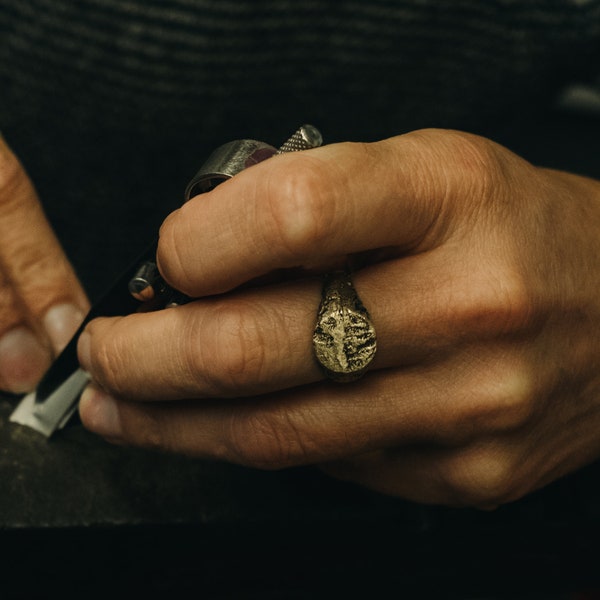 Solid Gold Signet Ring Cast in Beach Sand - Rugged Textured Ring - Handmade & Personalised - Cork Gift Box - Ethical Jewellery