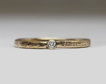 Dainty Diamond Ring - 9ct Yellow Gold - Cast in Beach Sand - Personalised Stacker - Gift for Her or Him - Handmade in Cornwall