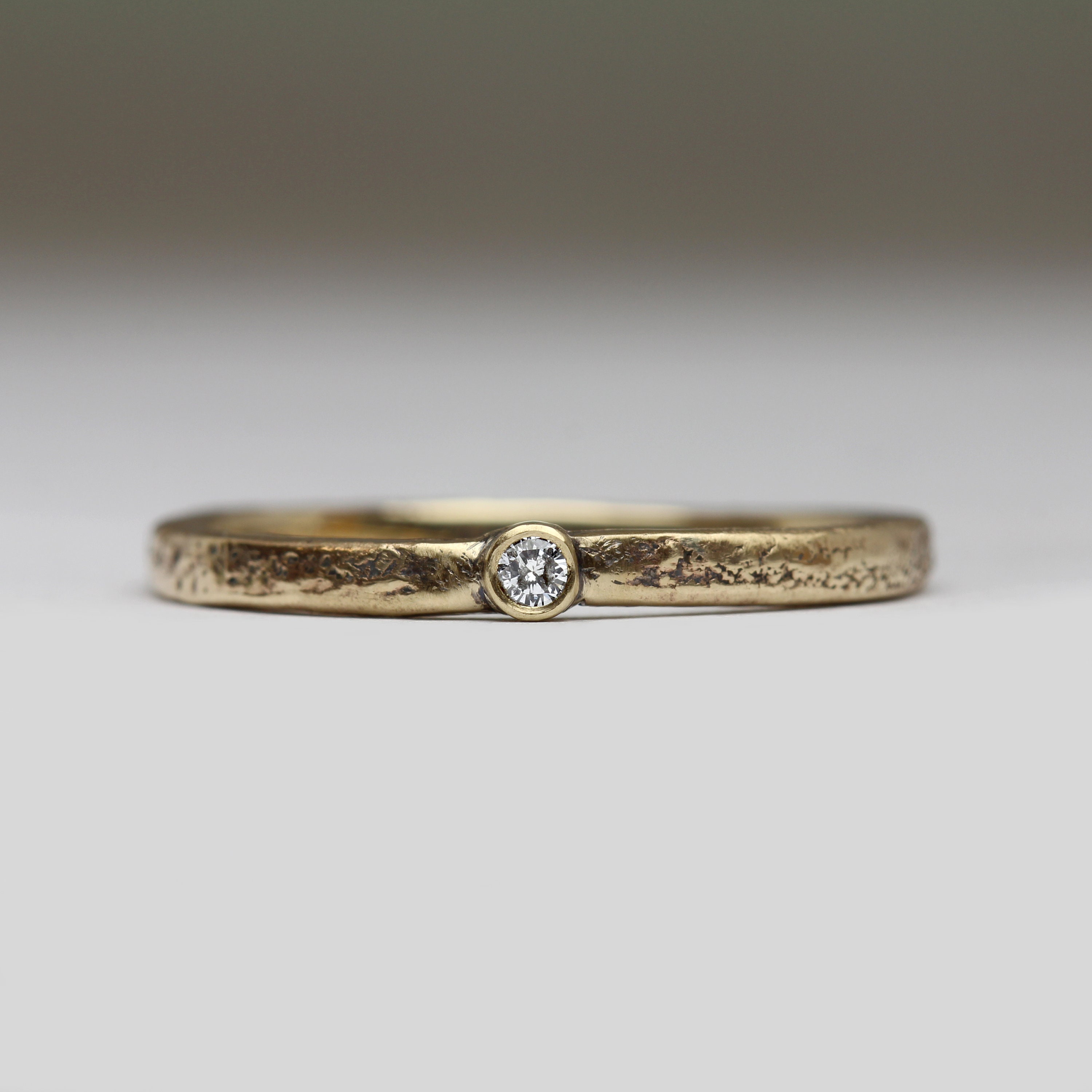 Dainty Diamond Ring - 9Ct Yellow Gold Cast in Beach Sand Personalised Stacker Gift For Her Or Him Handmade Cornwall