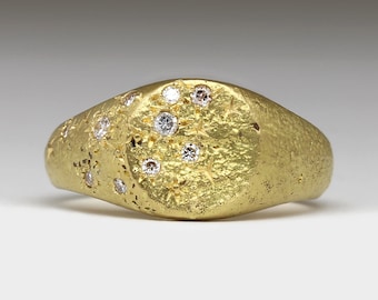 Diamond Encrusted Gold Signet Ring - Cast in Beach Sand - Recycled 18ct Gold and Reclaimed Diamonds - Handmade in Cornwall by Justin Duance