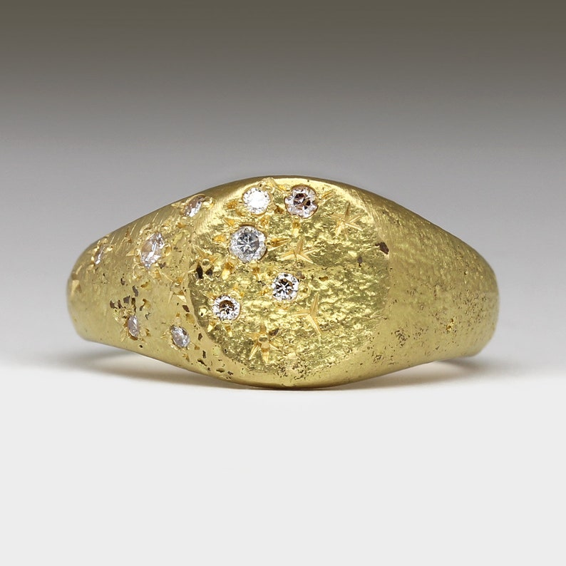 Diamond Encrusted Gold Signet Ring Cast in Beach Sand Recycled 18ct Gold and Reclaimed Diamonds Handmade in Cornwall by Justin Duance image 1