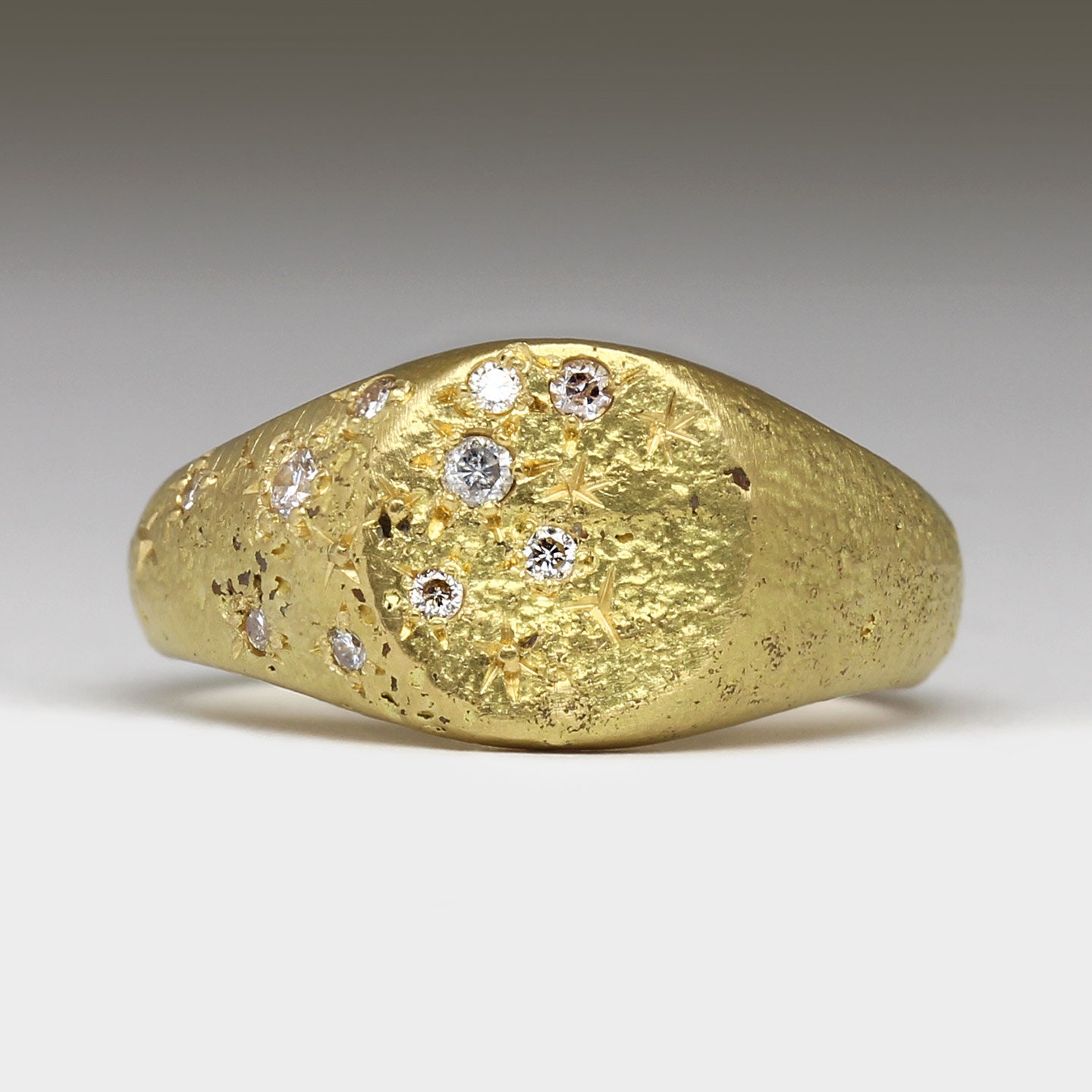 Diamond Encrusted Gold Signet Ring - Cast in Beach Sand Recycled 18Ct & Reclaimed Diamonds Handmade Cornwall By Justin Duance