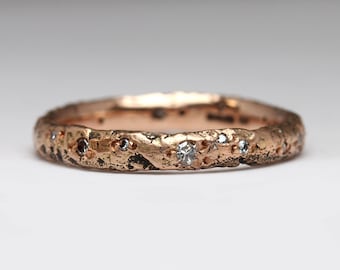 Rose Gold Diamond Scatter - 3mm Sandcast Wedding Ring - Cast in Beach Sand - Alternative Eternity Gift for Her - Contemporary Jewellery