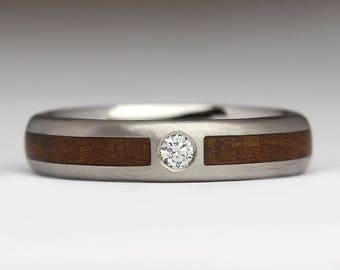 Platinum Wood and Diamond Ring - Ethical CanadaMark Diamond - 4mm Wide - Recycled Platinum, Cornish Laburnum Inlay - Unusual Engagement Ring