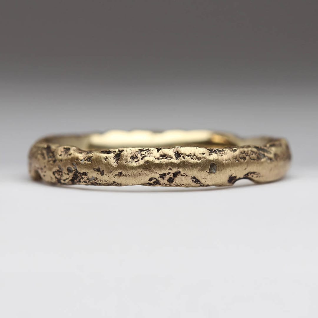 Natural Textured 9ct Yellow Gold Ring, Organic 3mm Wedding Ring