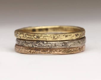 Solid 18ct Gold Rustic Stacking Rings, Sand Textured Skinny Rings, Organic Thin Bands, Unique Aged Jewellery,18k Yellow White Rose Gold Gift