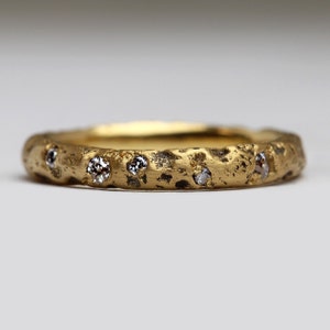 Alternative Eternity Ring - 22ct Gold Sandcast Scatter Ring - Vintage Diamonds Set Into Texture - Matte Oxidised - Unisex Contemporary