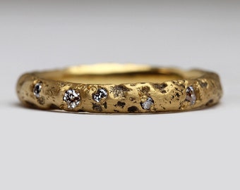 Alternative Eternity Ring - 22ct Gold Sandcast Scatter Ring - Vintage Diamonds Set Into Texture - Matte Oxidised - Unisex Contemporary