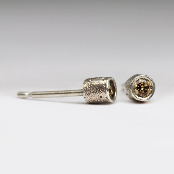 Sandcast Diamond Studs - Ethical Brown Diamond Personalised Earrings - Subtle Natural Studs Cast in Sand - Handmade Contemporary Jewellery