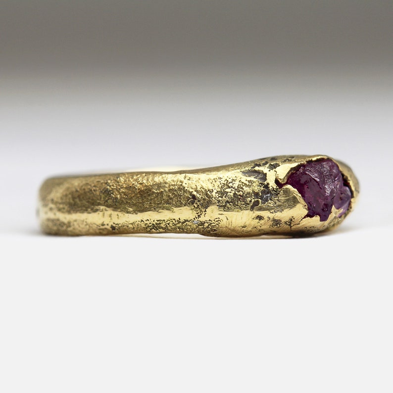 Rough Ruby Ring in Solid 18ct Yellow Gold - Cast in Beach Sand