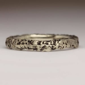 Sandcast 3mm wide 9ct White Gold Ring, Extra Texture Rough Luxe, Oxidised Recycled Gold Cast in Sand, Bespoke Handmade Matte Ring