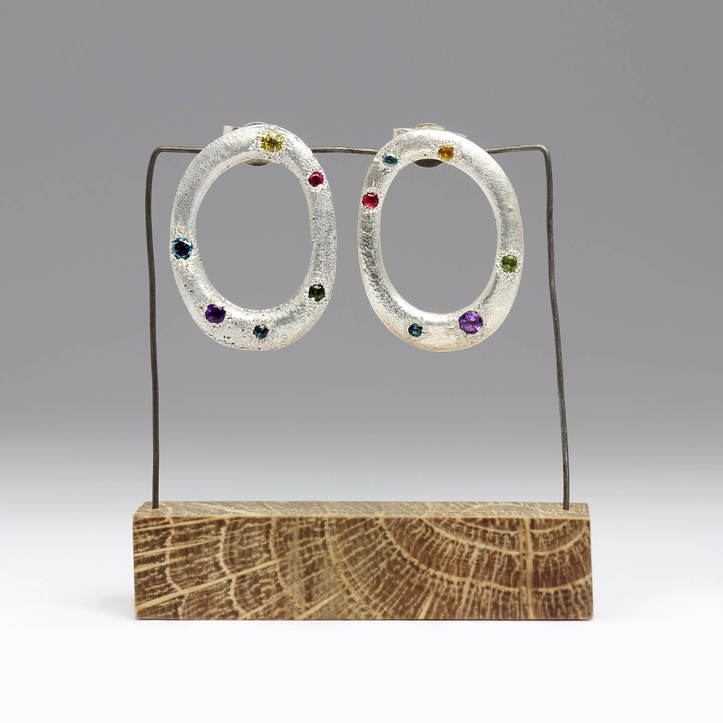 Rainbow Loop Studs - Recycled Silver Mixed Gemstones Cast in Beach Sand Subtle Organic Texture