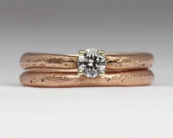 Rose Gold Engagement and Wedding Ring Set Cast in Beach Sand, Ethical Certified Diamond Ring in 9ct Rose Gold - Justin Duance Jewellery