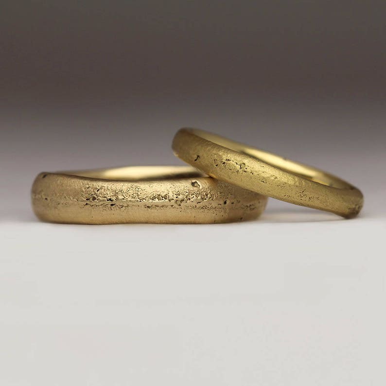 His and Hers Wedding Ring Set, Sandcast Rings Cast in Beach Sand, Personalised Rings Bride and Groom, Organic Wedding Set, Gold Wedding Ring image 1