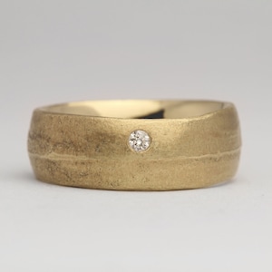 Sandcast 9ct Yellow Gold Diamond Ring, Organic Wedding Band, Unique Mens Engagement Ring, 8mm Ring Flush Diamond, Ethical Traced Diamond