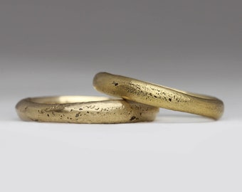 Hers and Hers 18ct Gold Wedding Ring Set, Sandcast Androgynous Rings, Alternative, Love is Love, Unique Handmade 3mm Rings, Made in Cornwall
