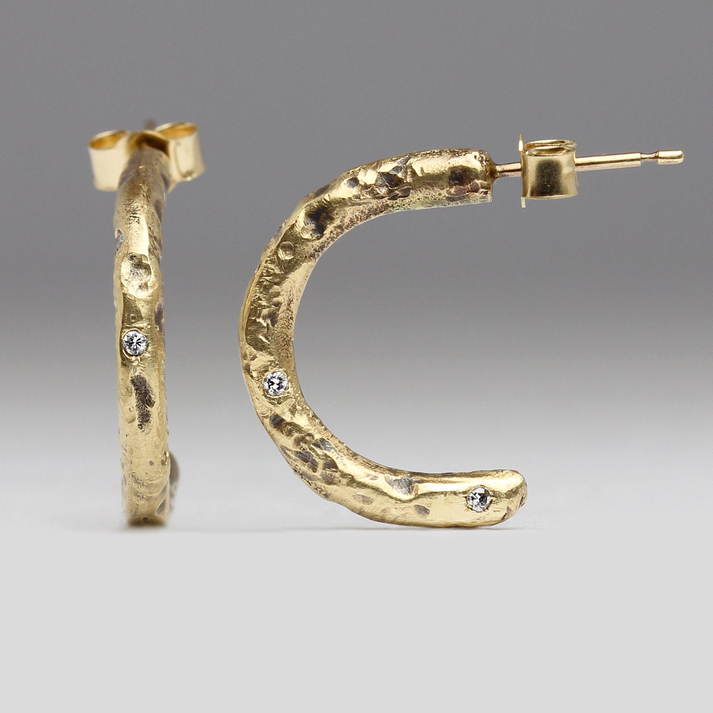 Diamond Scatter Hoop Studs - Recycled 9Ct Gold Vintage Diamonds Handmade Sandcast Earrings Cast in Beach Sand Organic Texture