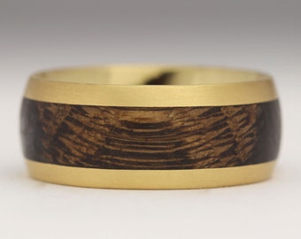 Rounded Gold Wood Ring, Wood Wedding Ring, Unique Wedding Band, 100 year old lugger boat oak, Contemporary Jewellery- R55 10mm 9Y