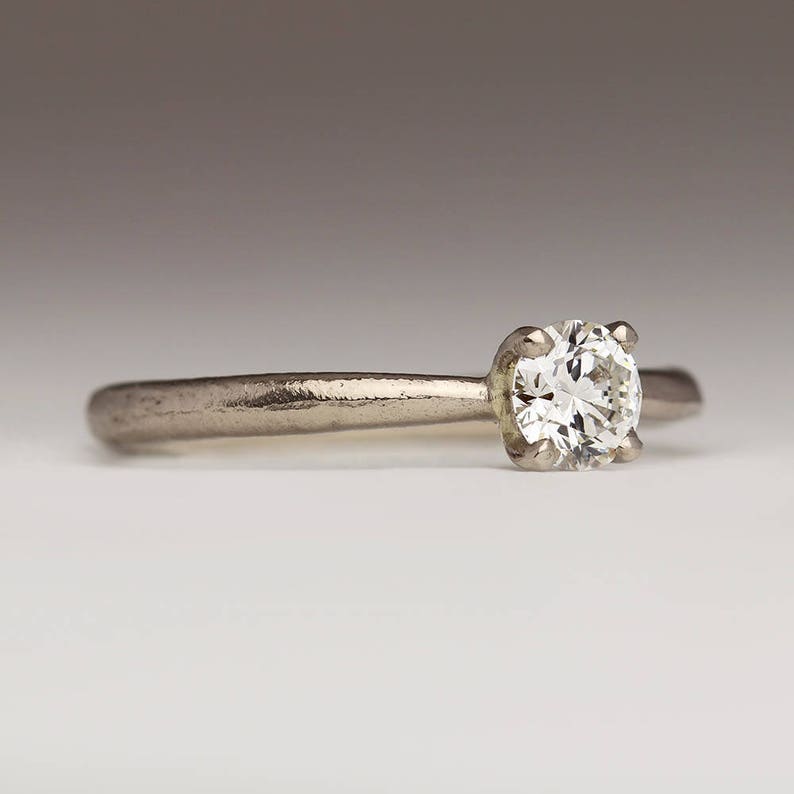 Conflict Free 4.5mm Diamond Ring, 18ct White Gold, Organic Delicate Rustic Engagement Ring, Thin Unique Dainty White Gold Enagement Ring image 3