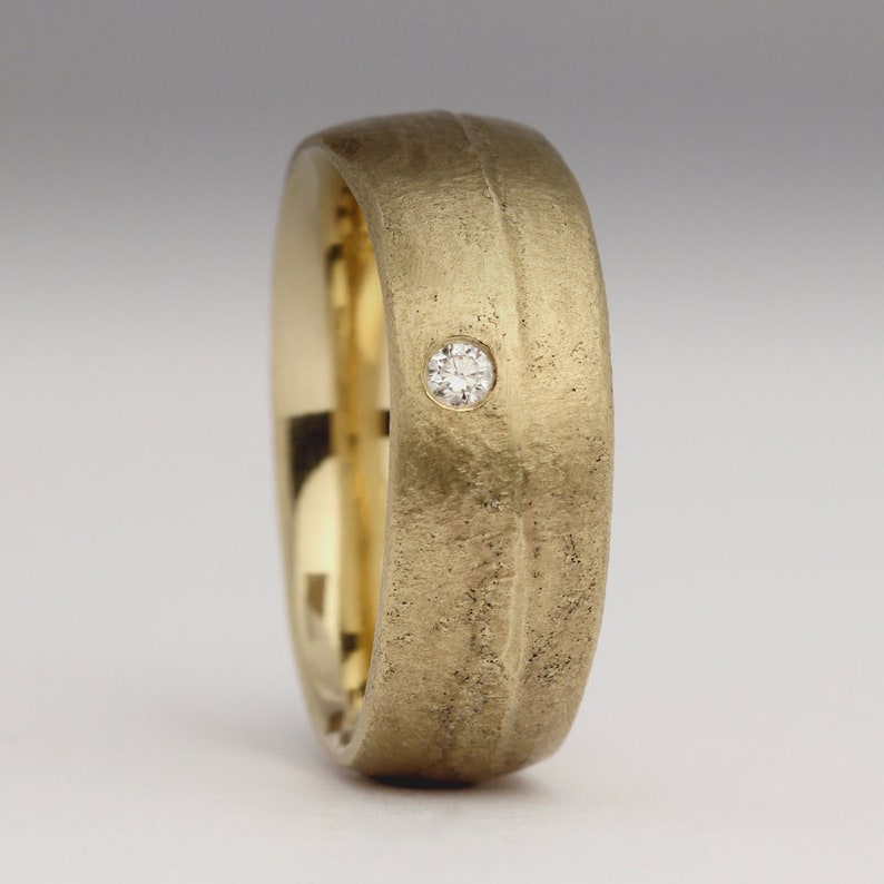 Sandcast 9ct Yellow Gold Diamond Ring, Organic Wedding Band, Unique Mens Engagement Ring, 8mm Ring Flush Diamond, Ethical Traced Diamond image 3