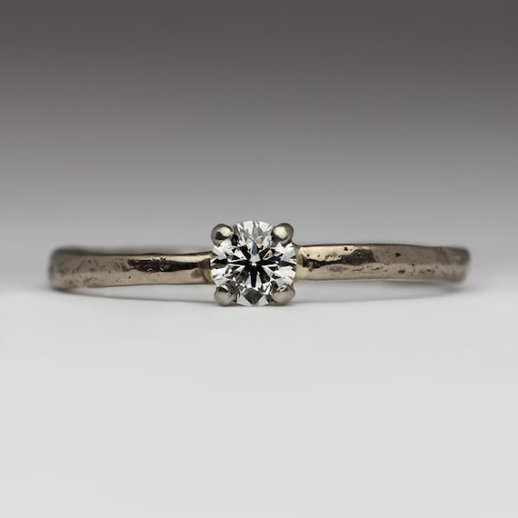 Conflict Free 4mm Diamond Ring, 18ct White Gold, Organic Delicate Rustic Engagement Ring, Thin Unusual Engagement Ring, Dainty 18k Jewelry