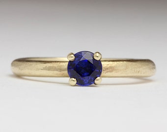 Sapphire and 9ct Yellow Gold Enagement Ring, Rustic Royal Blue Sapphire Ring, Unique Engagement Ring, September Birthstone, Beach Wedding