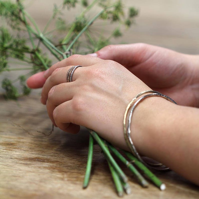 White Gold Stacking Ring, Skinny 9ct White Gold Ring, Flat Stacker Ring, Sandcast Ring, Textured Stacking Ring 9K White Gold Hammered Ring image 5