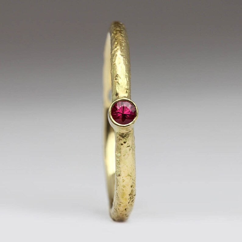 18K Gold and Ruby Ring, Solid 18ct Gold Ruby Stacking Ring, Unique Valentines Gift for Her, Inspirational Rustic Sandcast Ring image 3