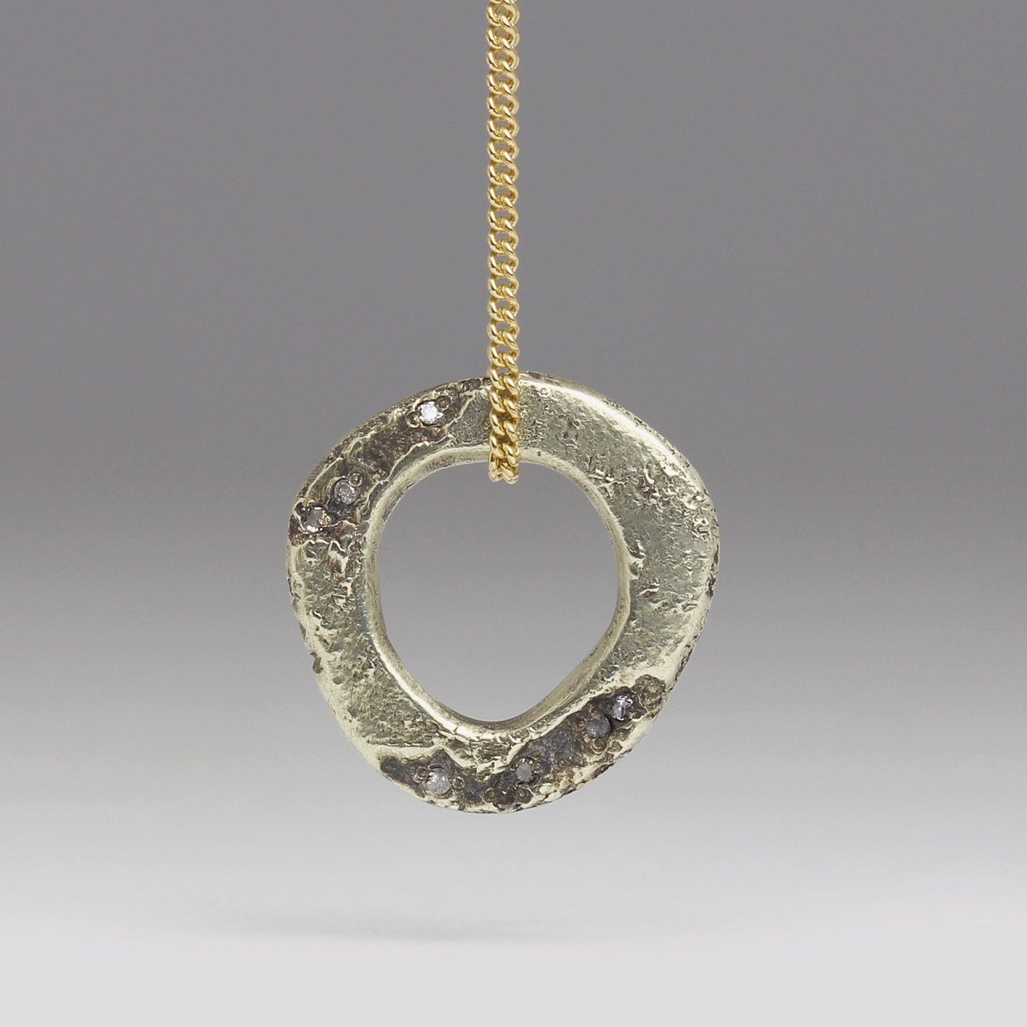 Erosion Pendant - Vintage Diamonds Recycled 9Ct White Gold Rustic Unisex Jewellery Cast in Beach Sand Handmade Cornwall