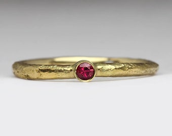 18K Gold and Ruby Ring, Solid 18ct Gold Ruby Stacking Ring, Unique Valentines Gift for Her, Inspirational Rustic Sandcast Ring