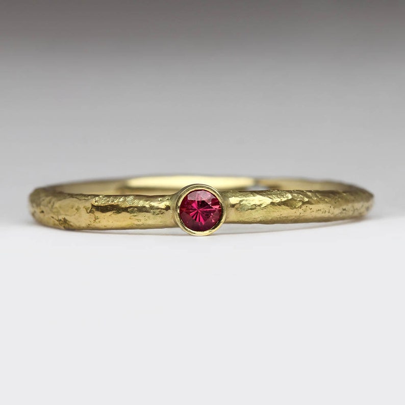 18K Gold and Ruby Ring, Solid 18ct Gold Ruby Stacking Ring, Unique Valentines Gift for Her, Inspirational Rustic Sandcast Ring image 1