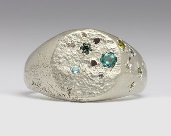 Blue & Green Cascading Gemstone Signet Ring - Cast in Beach Sand - Recycled Silver - Rustic Signet - Unique Design - Handmade in Cornwall