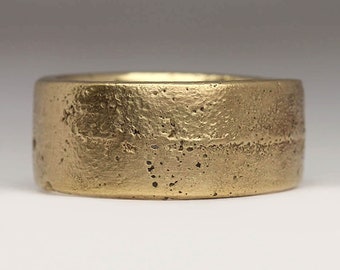 Flat 10mm Sandcast 9ct Gold, Organic Texture, Unique Chunky Mens Ring, Solid Hallmarked Gold, Cast in Beach Sand, Personalise Bespoke Ring