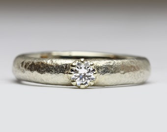 9ct White Gold Engagement Ring - Canada Mark Diamond - Wide Unisex Ring - Chunky Sandcast - Ethical - Recycled Gold - Traced Diamond