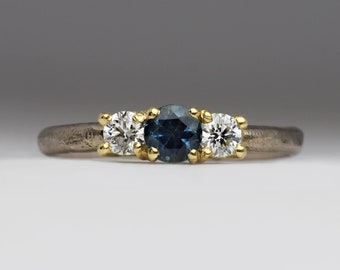 Three Stone Engagement Ring, Ethical Montana Sapphire and Diamond Ring, Alternative Bridal, Unique Sandcast 18ct Gold by Justin Duance