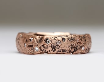 Chunky Rose Gold Vintage Diamond Scatter Ring - Organic Rugged Unisex Jewellery - Alternative Wedding or Engagement Band - Justin Duance