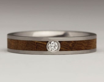 Diamond Wood Ring - Recycled Platinum - Contemporary Unusual Engagement Ring - 4mm Wide - Bespoke - Choose your own wood inlay