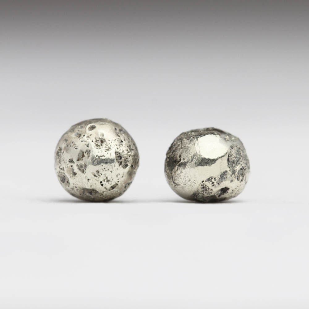 Solid 9K White Gold Studs, Rustic Ball Small Textured Minimal Earrings, Primitive Aged Jewelry, Organic Contemporary Studs