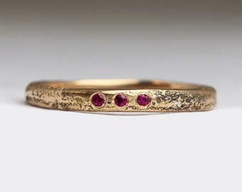 18ct Rose Gold Ruby Trio Ring - Cast in Beach Sand - Choose Your Birth Stone Ring - Dainty Sandcast - Personalised Jewellery - Justin Duance