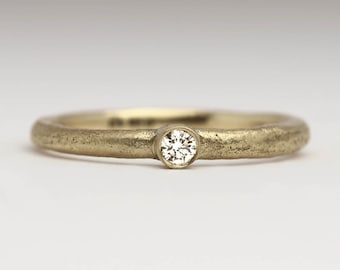 Yellow 9ct Gold Bezel Diamond Ring, Discreet Simple Engagement Ring, Delicate Stacking Ring, Surf Jewellery, Girlfriend Gift, Cast in Sand