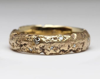 9ct Gold Diamond Scatter - 6mm Sandcast Wedding Ring - Cast in Beach Sand - Unisex - Ethical - Natural Textured - Justin Duance Jewellery