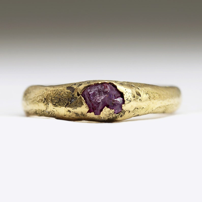 Rough Ruby Ring in Solid 18ct Yellow Gold - Cast in Beach Sand
